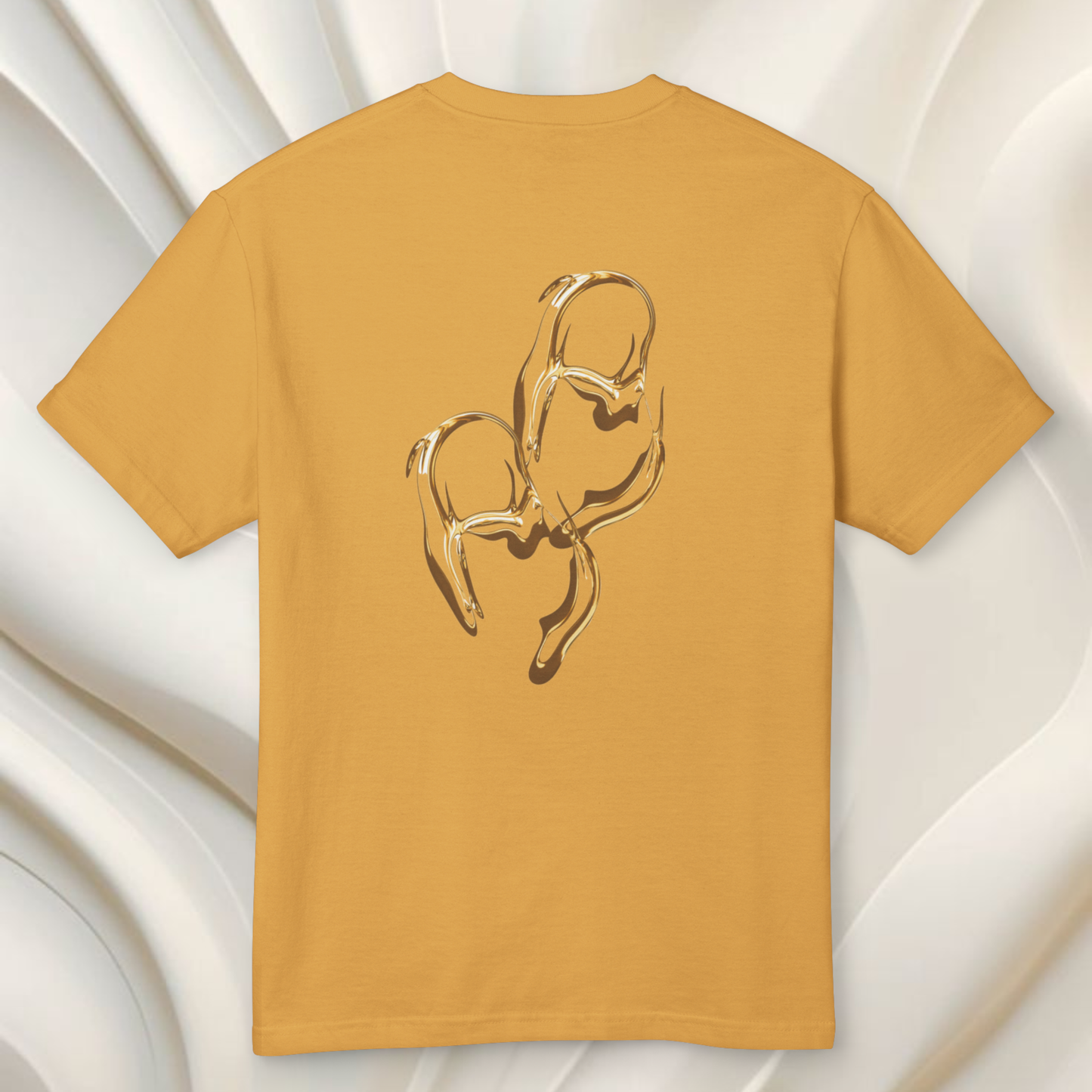 trendy yellow acacia color 100% cotton with an abstract golden graphic on the back on a white ehtereal shaped background spiritual energy infused tee innovative fashion brand neo revelation