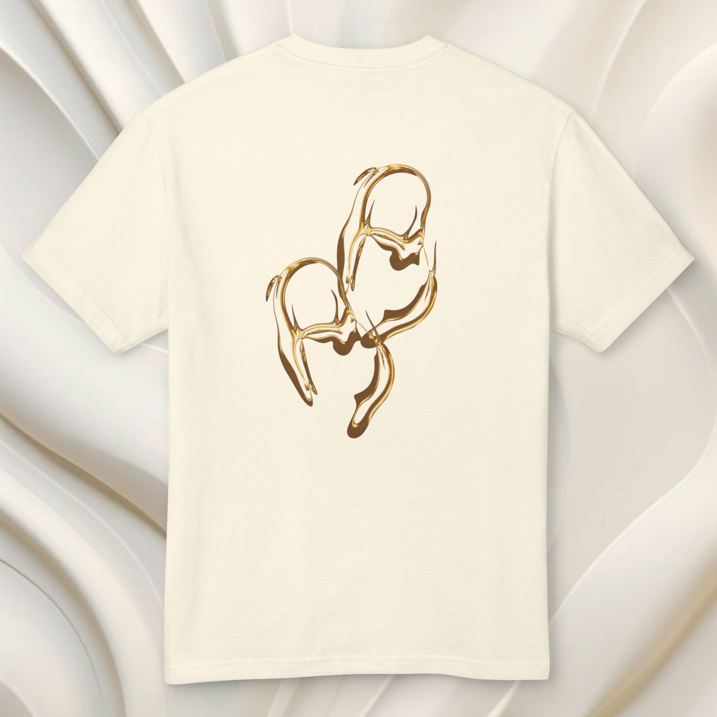 white cream color t-shirt cotton with gold abstract spiritually designed graphic on the back fashion spiritual clothing line Neo Revelation brand , on futuristic white background 