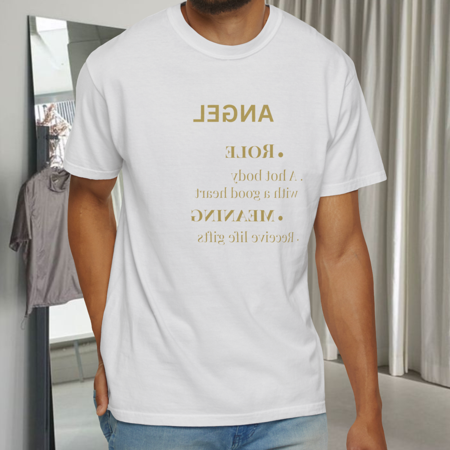 dark skin male model wearing a white shirt with the saying 'angel role and meaning' in mirrored letters to read only in the mirror innovative concept store spiritually designed fashion clothes