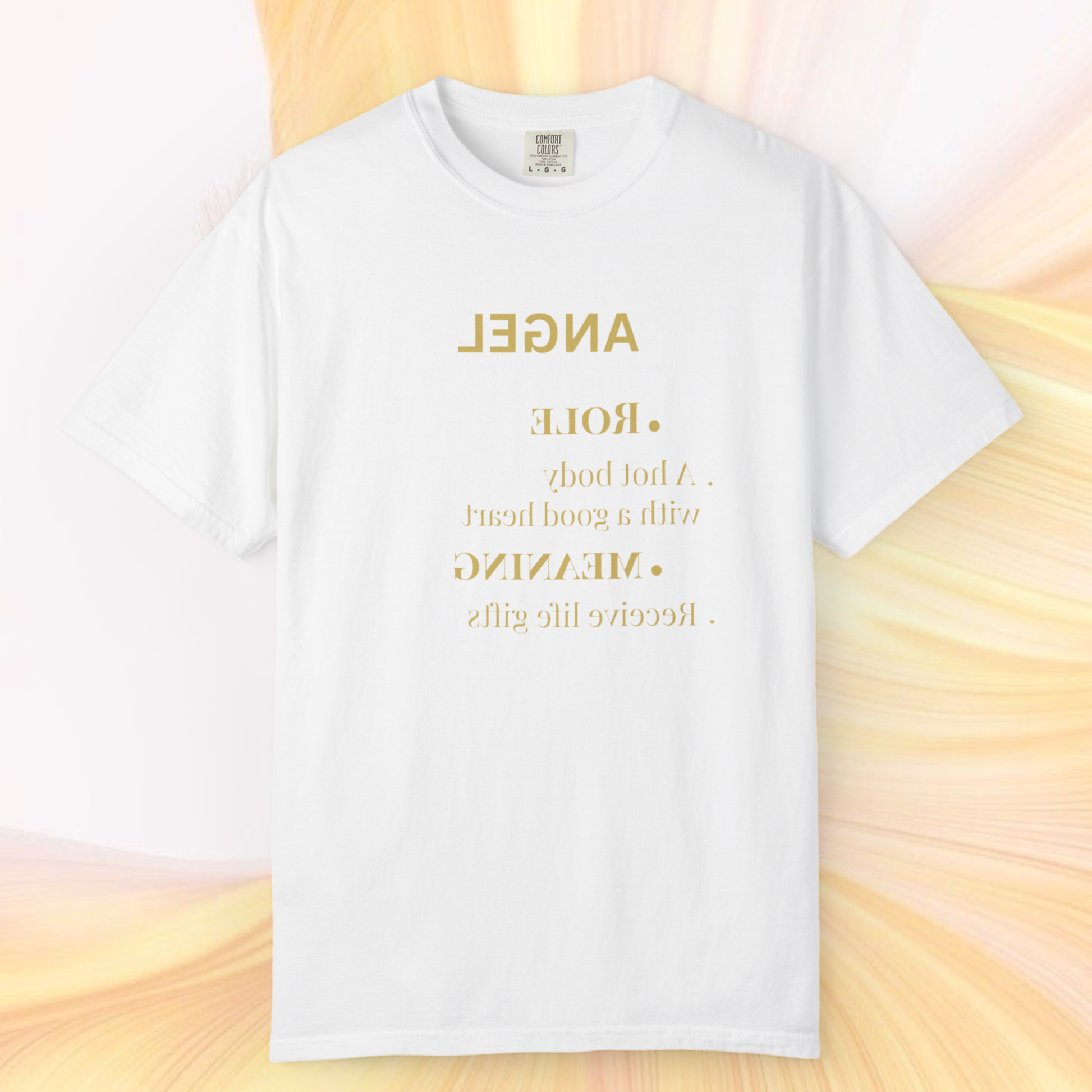 self love t-shirt white 100% cotton tee with the graphic text saying ' angel' in gold color on a yellow white ethereal background fashion 2026 spiritual clothing