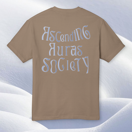 Spiritually designed t-shirt faded brown color 100% cotton energy infused for spiritual practice high vibrational clothing presented on a blue silver ethereal background