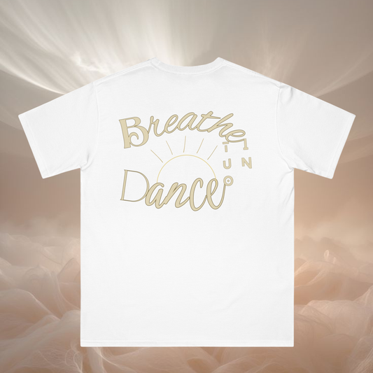 message t-shirt white 100% cotton with the quote 'breathe in dance out' beige color with a minimalist designed sun, on an ethereal background beige clouds lookalike, spiritual designed t-shirt unisex style adult size 