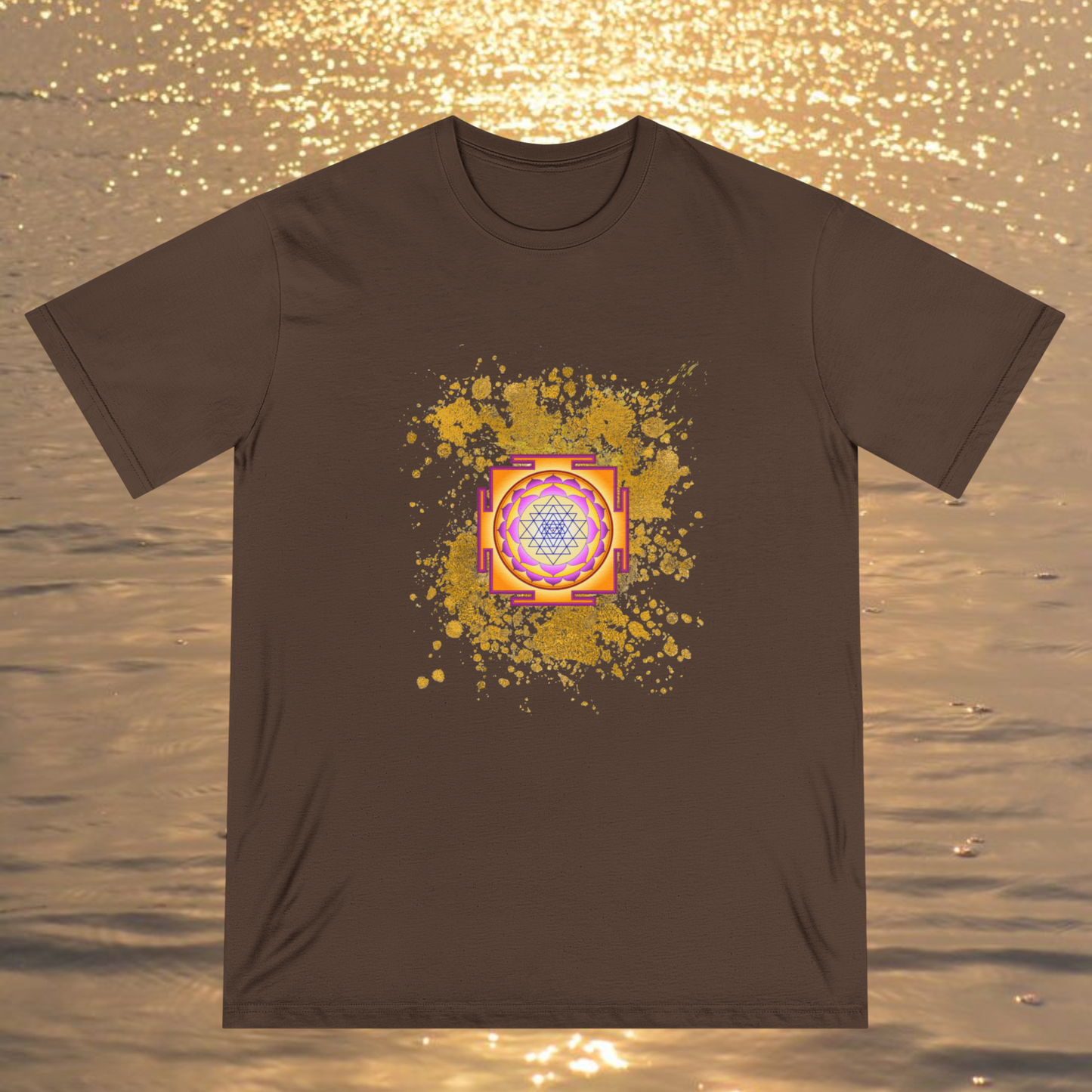 spiritually designed t-shirt, brown colors presented on a ocean sunset background , unisex style, Spiritual clothing energy infused intentional fashion to wear, by neo revelation. 