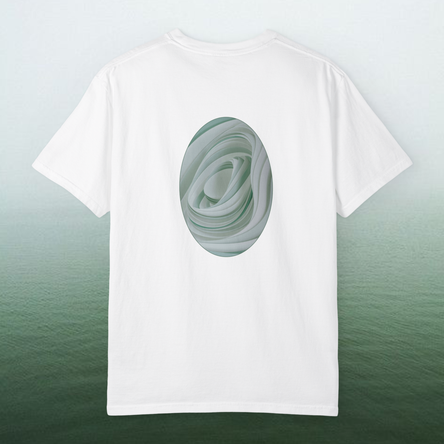 high vibrational t-shirt spiritually designed with a green sage graphic round shape lookalike a green rose representing life cycles. spiritual meanful design high frequency shirt