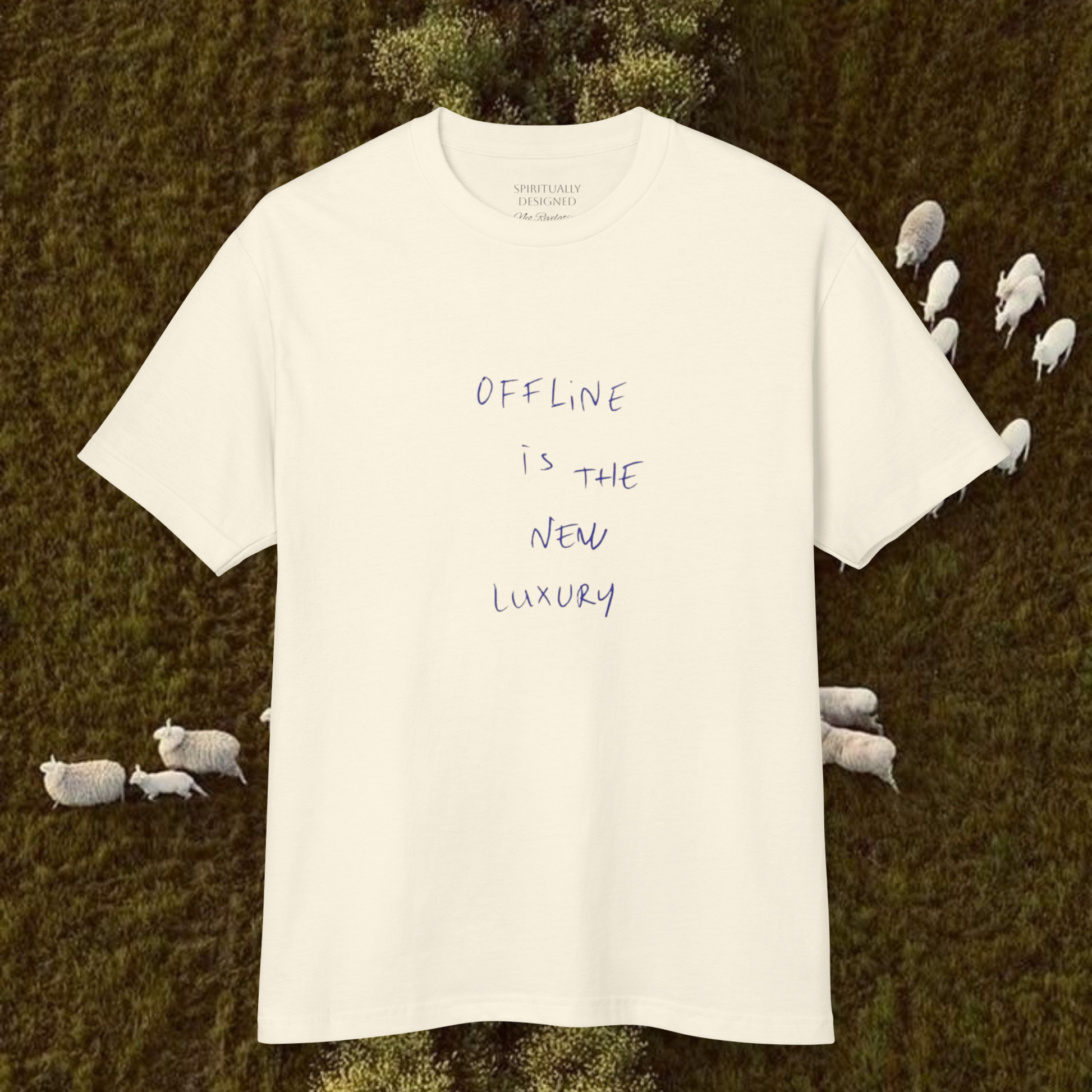 white cotton t-shirt with quote 'offline is the new luxury' raw minimalist t-shirt unisex style on a natural background landscape with sheeps trend 2026 tee