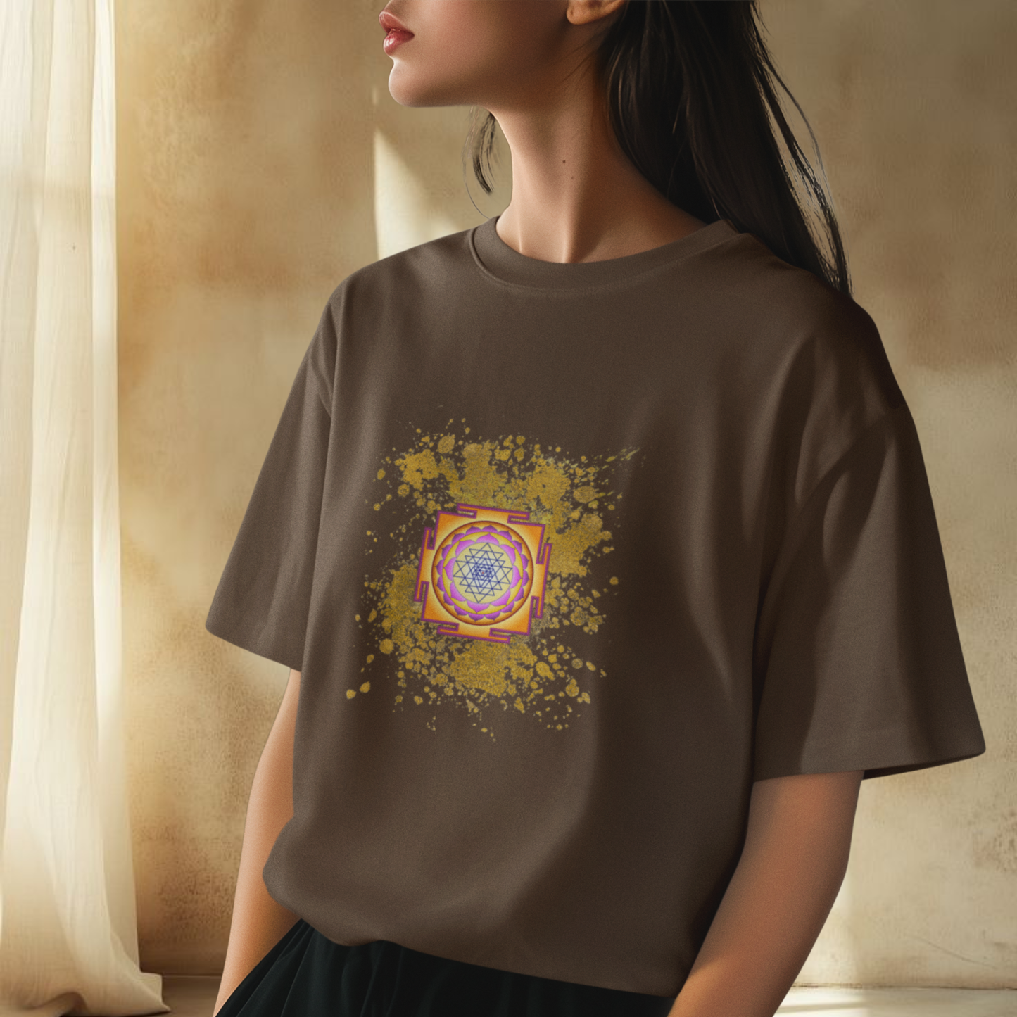 High Vibrational Clothing brown cotton t-shirt organic cotton with sri yantra graphic and gold sparkles around on the front of the tee, unisex style adult size for 30 to 50 years old premium quality t-shirt spiritual 