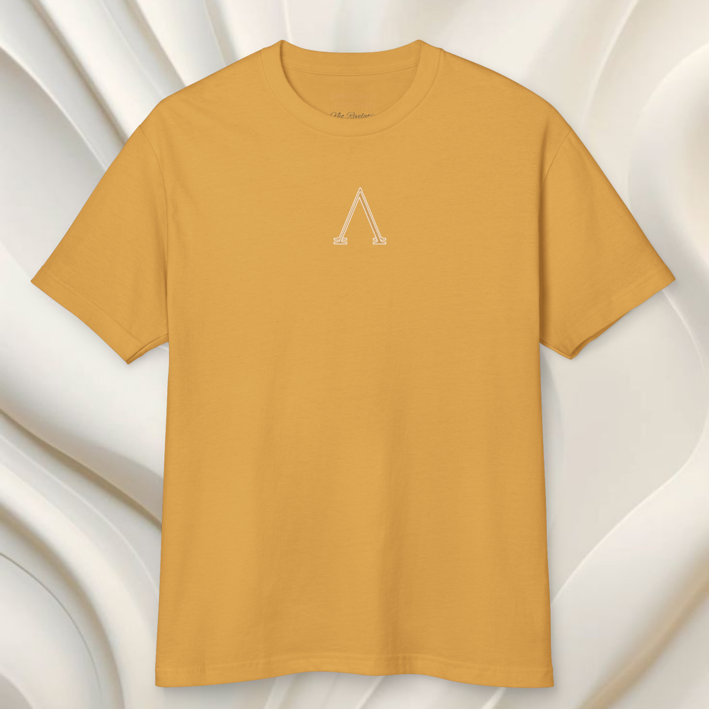 minimalist t-shirt yellow light color 100% cotton with gold A graphic on a white ethereal shaped background spiritually designed innovative brand futuristic clothing