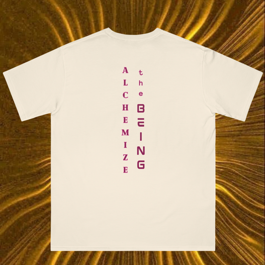 white cream t-shirt 100% cotton with the vertical saying ' alchemize the being' in burgundy color on a brown and yellow sunrays background spiritually designed clothes innovative spiritual fashion concept reiki method energy t-shirts