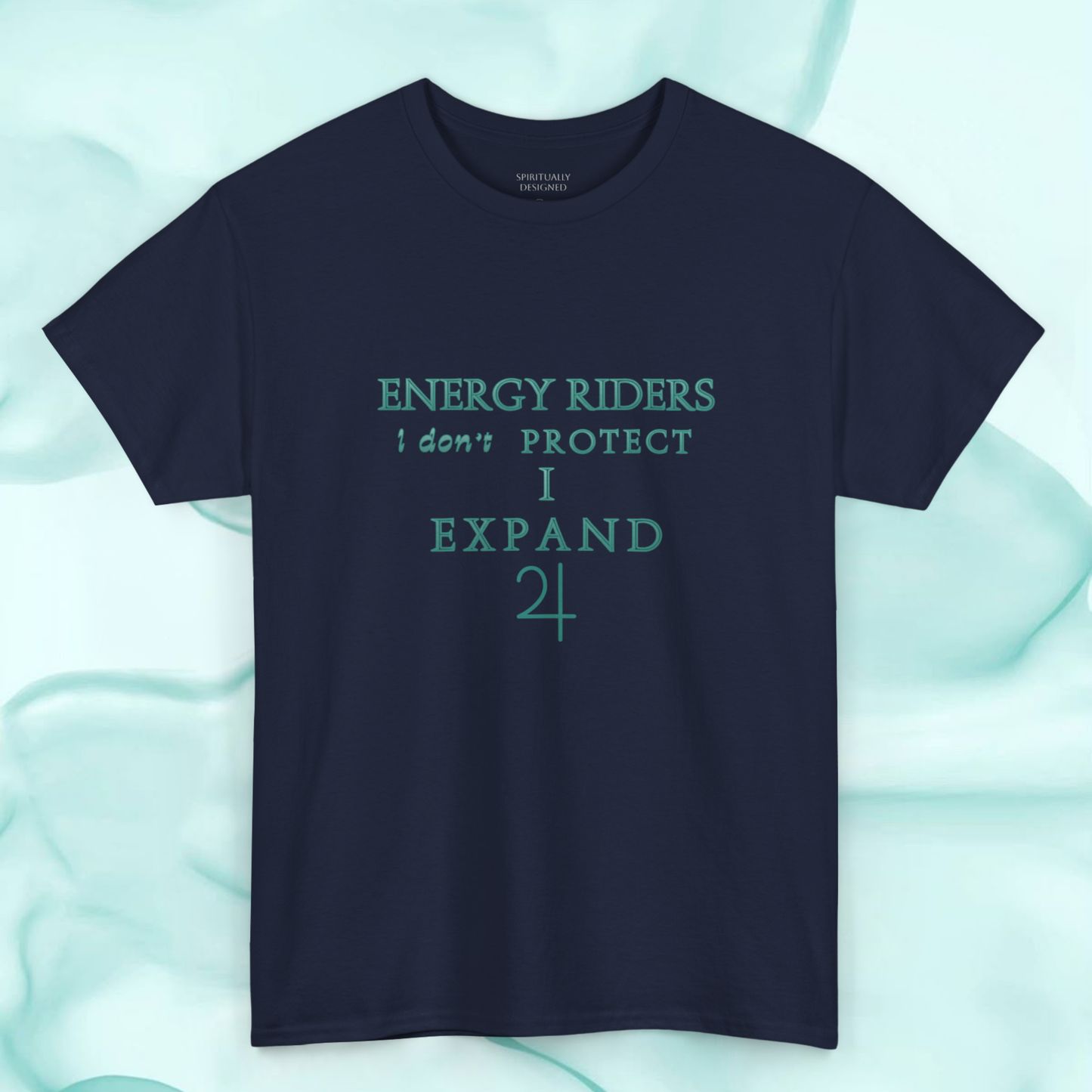 Spiritual clothing energy infused intentional fashion to wear, blue navy t-shirt with green turquoise graphic minimalist the text 'energy riders i don't protect i expand' with jupiter symbol unisex style for spiritual fashion 30 to 50 years old adults size 