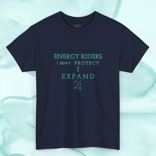 Spiritual clothing energy infused intentional fashion to wear, blue navy t-shirt with green turquoise graphic minimalist the text 'energy riders i don't protect i expand' with jupiter symbol unisex style for spiritual fashion 30 to 50 years old adults size 