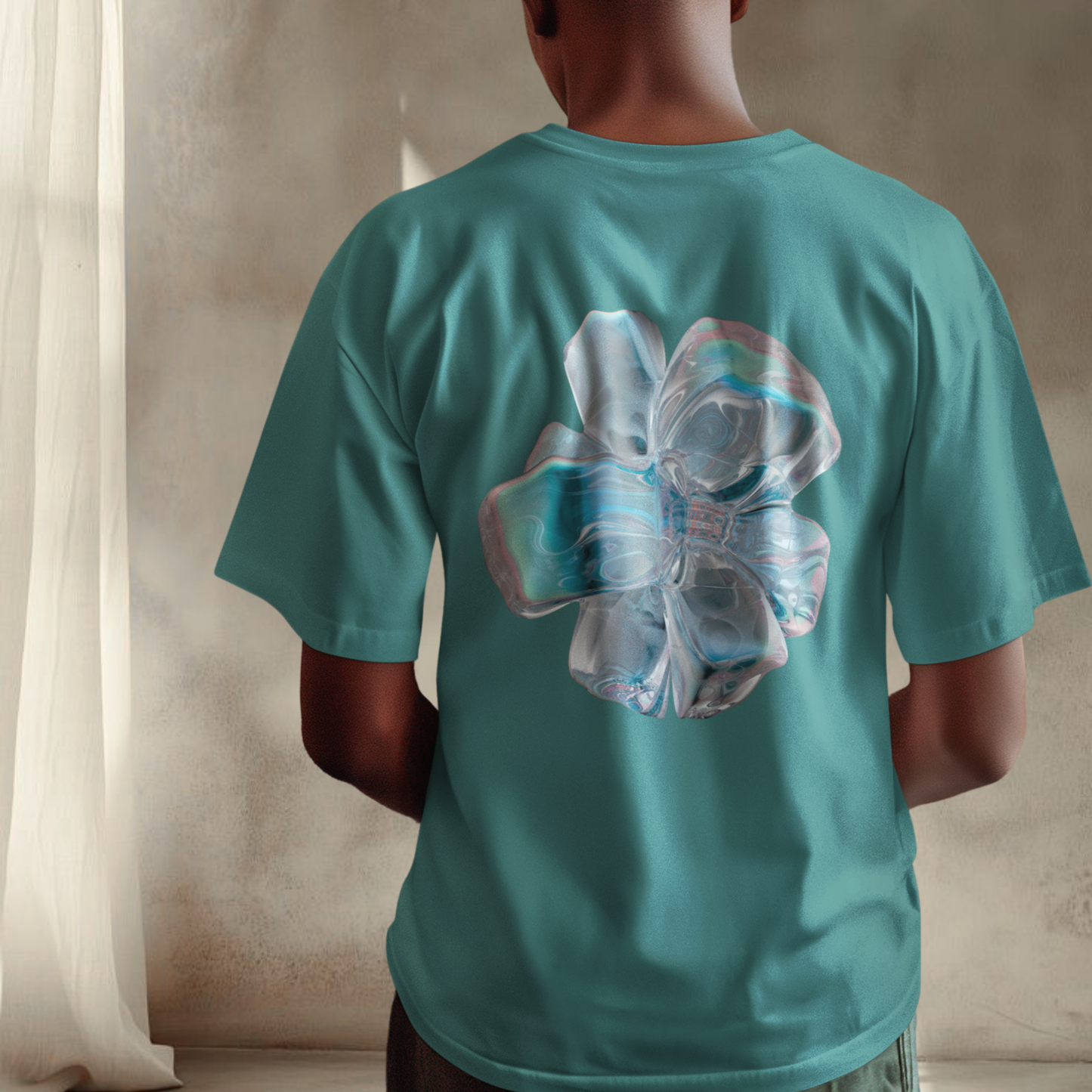 minimalist futuristic fashion t-shirt turquoise color wore by a brown skin male back view the t-shirt printed with a abstract graphic futuristic style grey blue tones fashion 2026 trend spiritually designed clothing