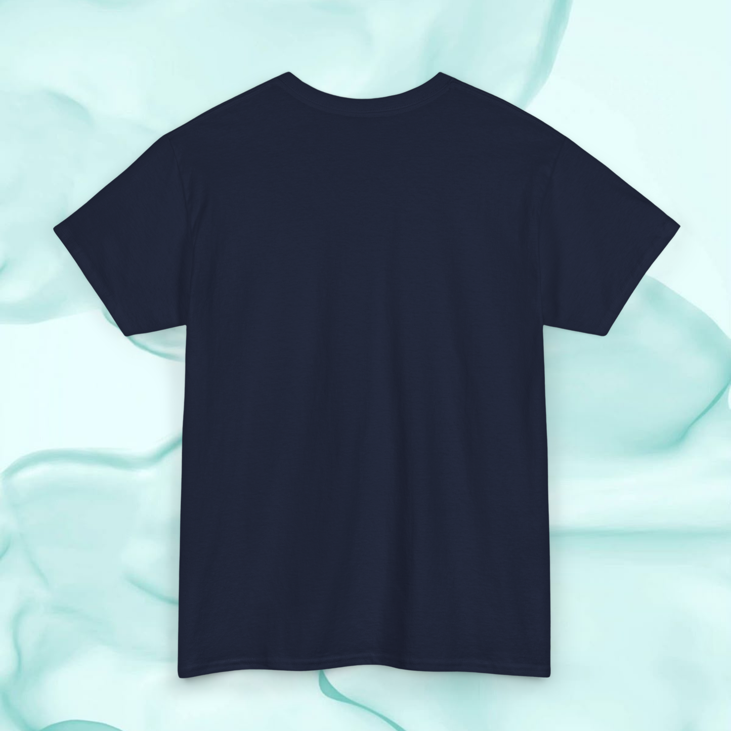 a blue navy color t-shirt 100% cotton back view on a light blue background 