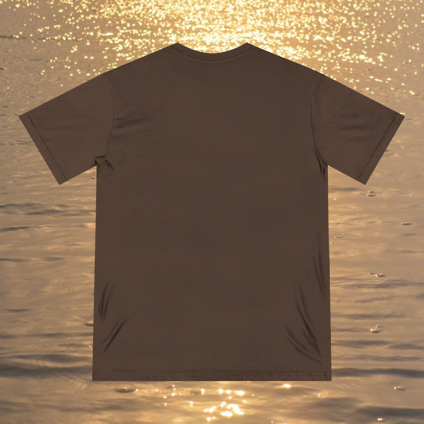 spiritual t-shirt brown back view ocean sunset background oranges tones 