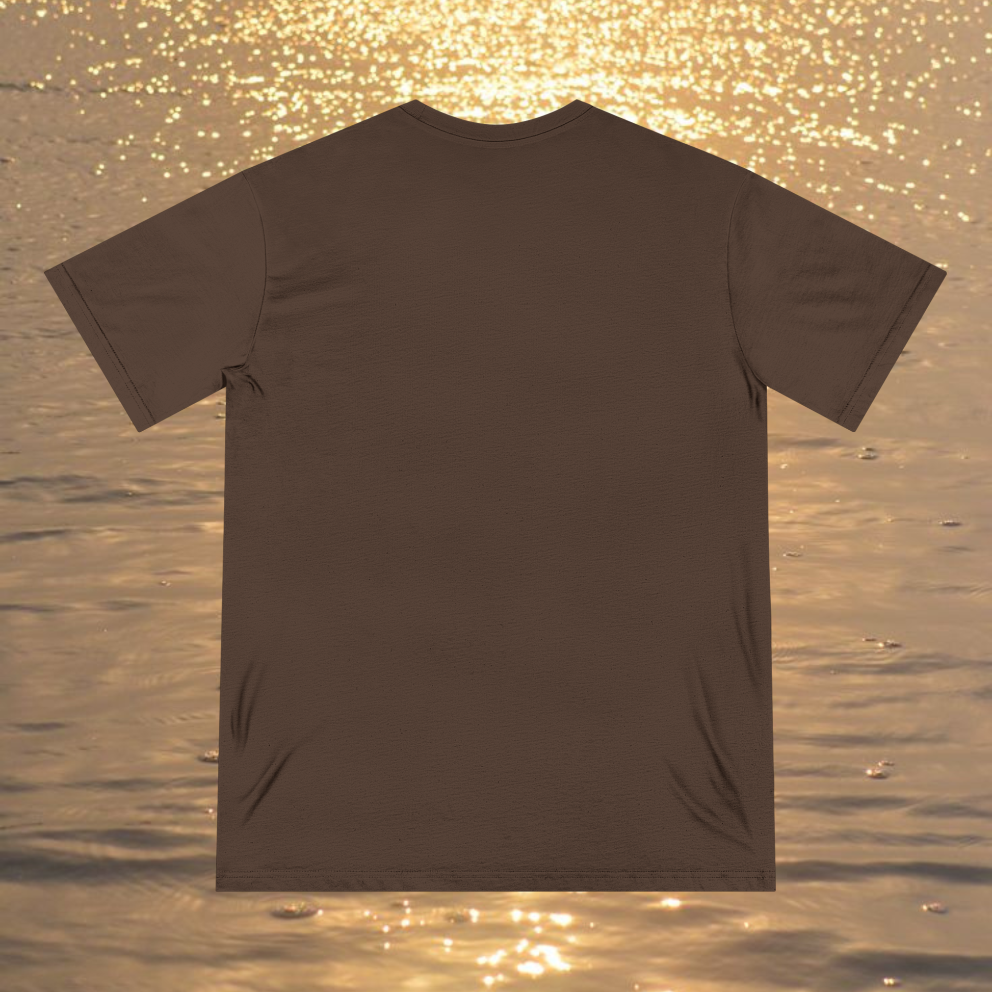 spiritual t-shirt brown back view ocean sunset background oranges tones 