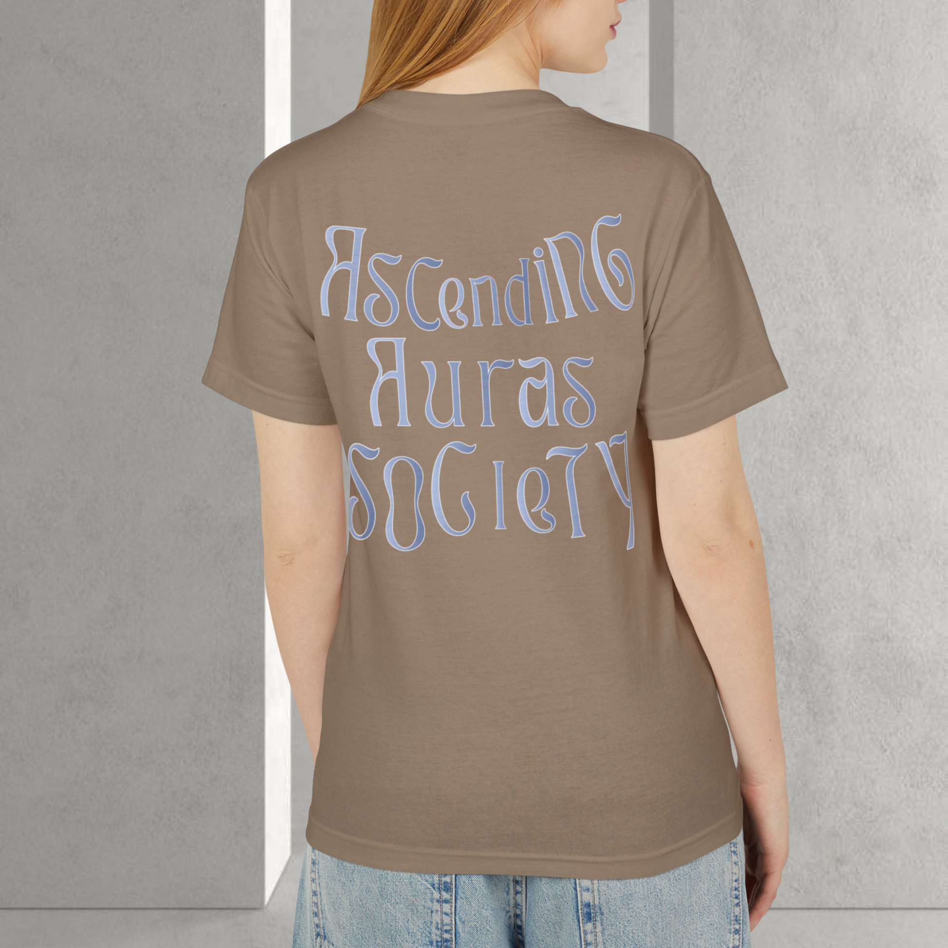 brown t-shirt 100% cotton with the graphic saying ' ascending aura society' spiritual statement innovative brand neo revelation spiritual designs high vibrational frequency clothing