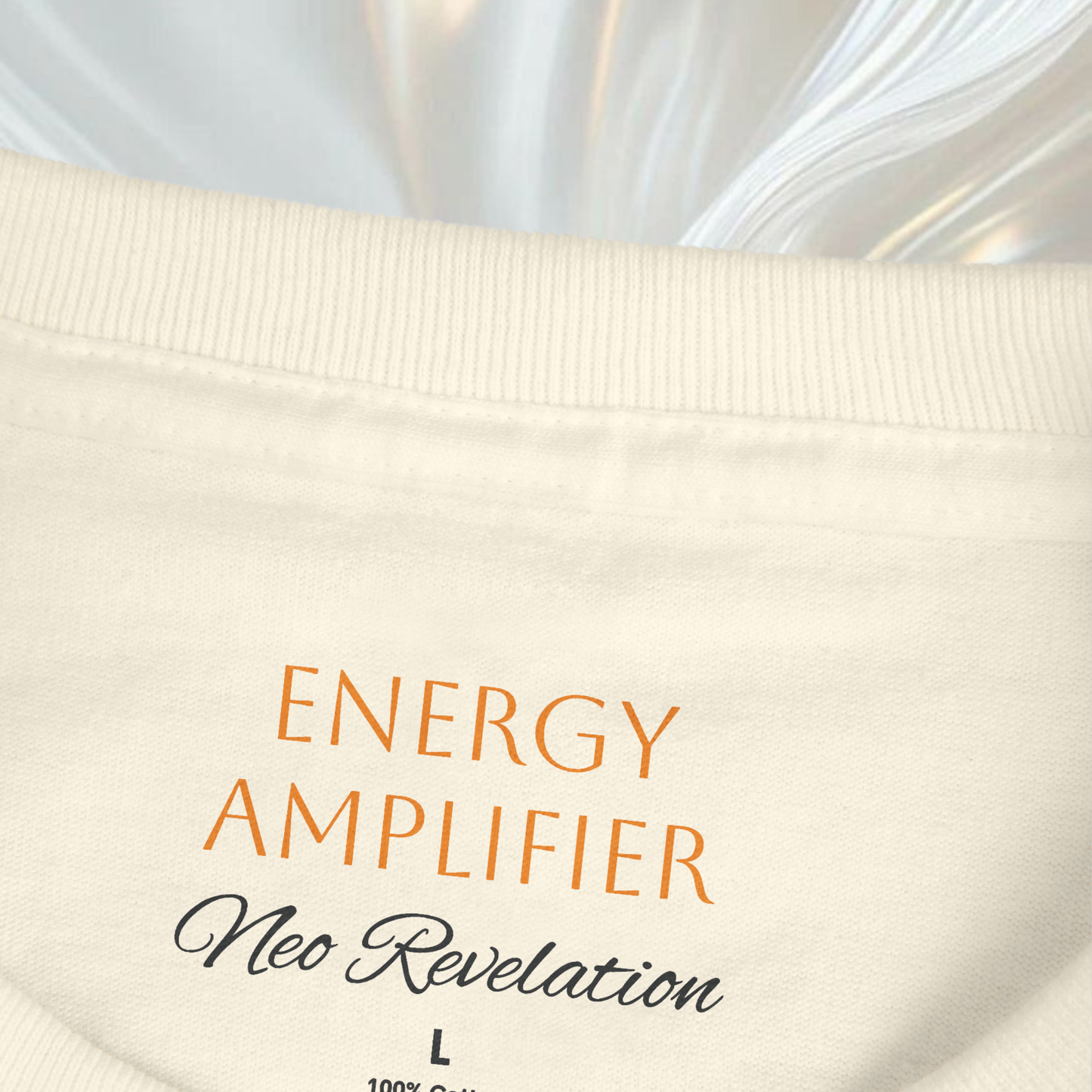 spiritually designed to amplify energy aura, white tshirt necklabel with the words printed 'energy amplifier' minimalist style