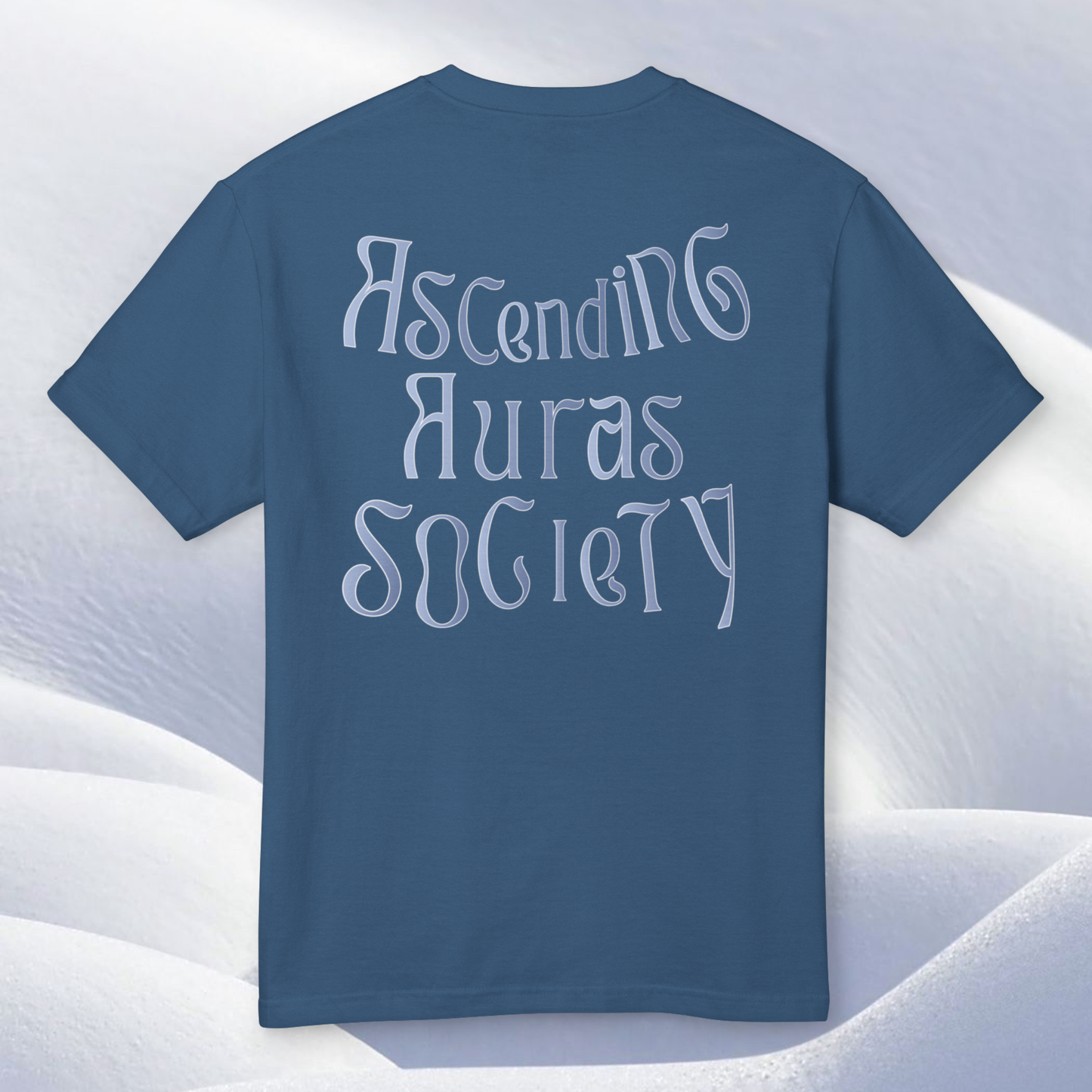 presentation of a blue t-shirt with the futuristic graphic text ' ascending aura society' in blues light tones on a ligh silver blue background ehtereal shaped soft shapes for Neo Revelation innovative spiritual conceptual brand energy infused high vibrational clothing 