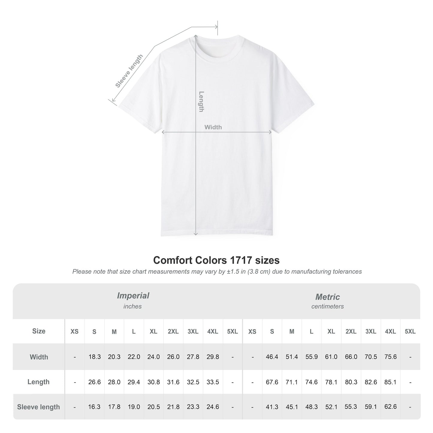 measures chart for comfort colors shirt 1717 coton white