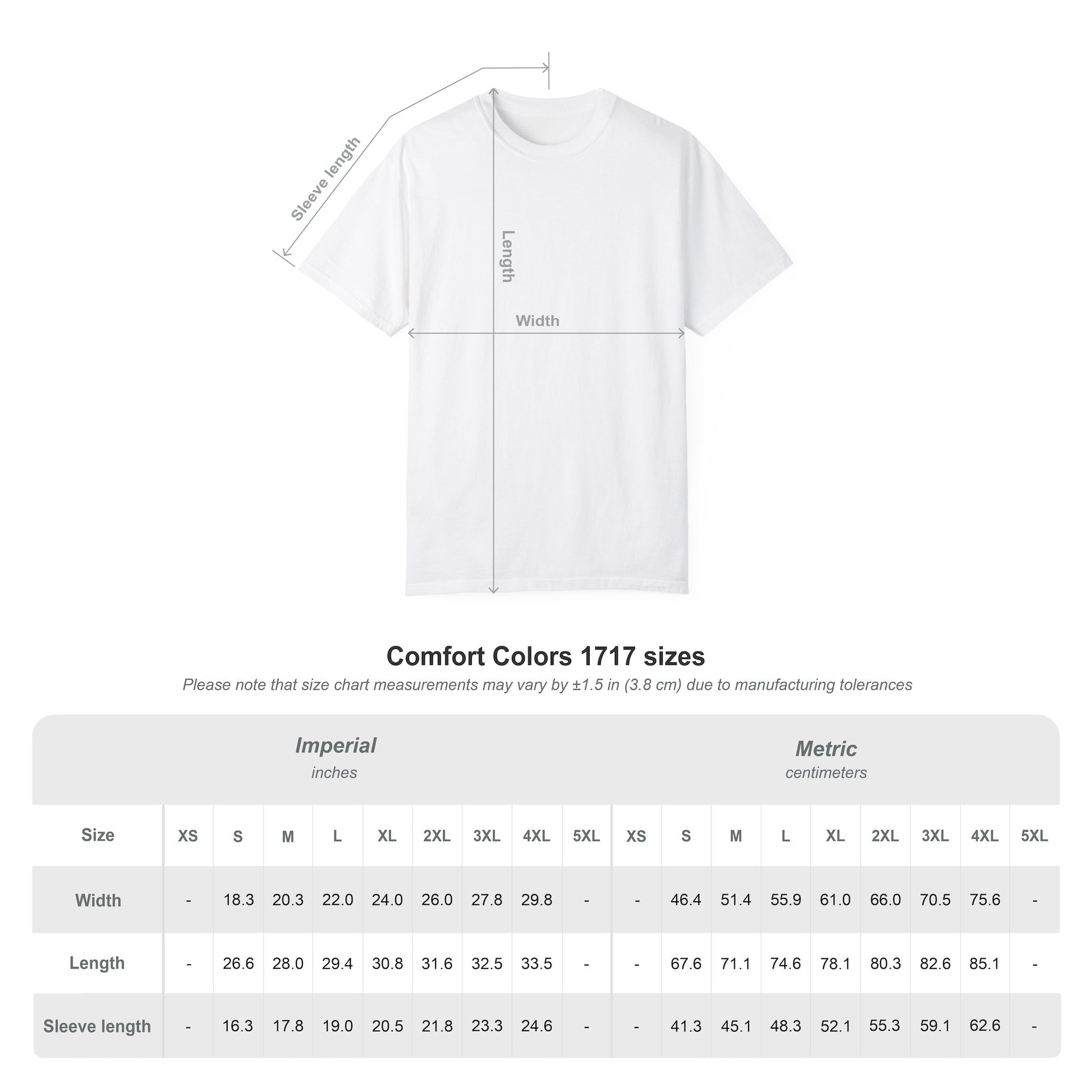 measures chart for comfort colors shirt 1717 coton white