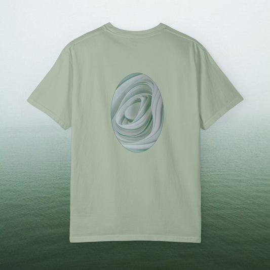 2026 fashion trend 100% cotton t-shirt with cold green graphic spiritual visual on a green gradiant and minimalist background the grpahic represent life cycles spiral shaped greend graphic color on green shirt