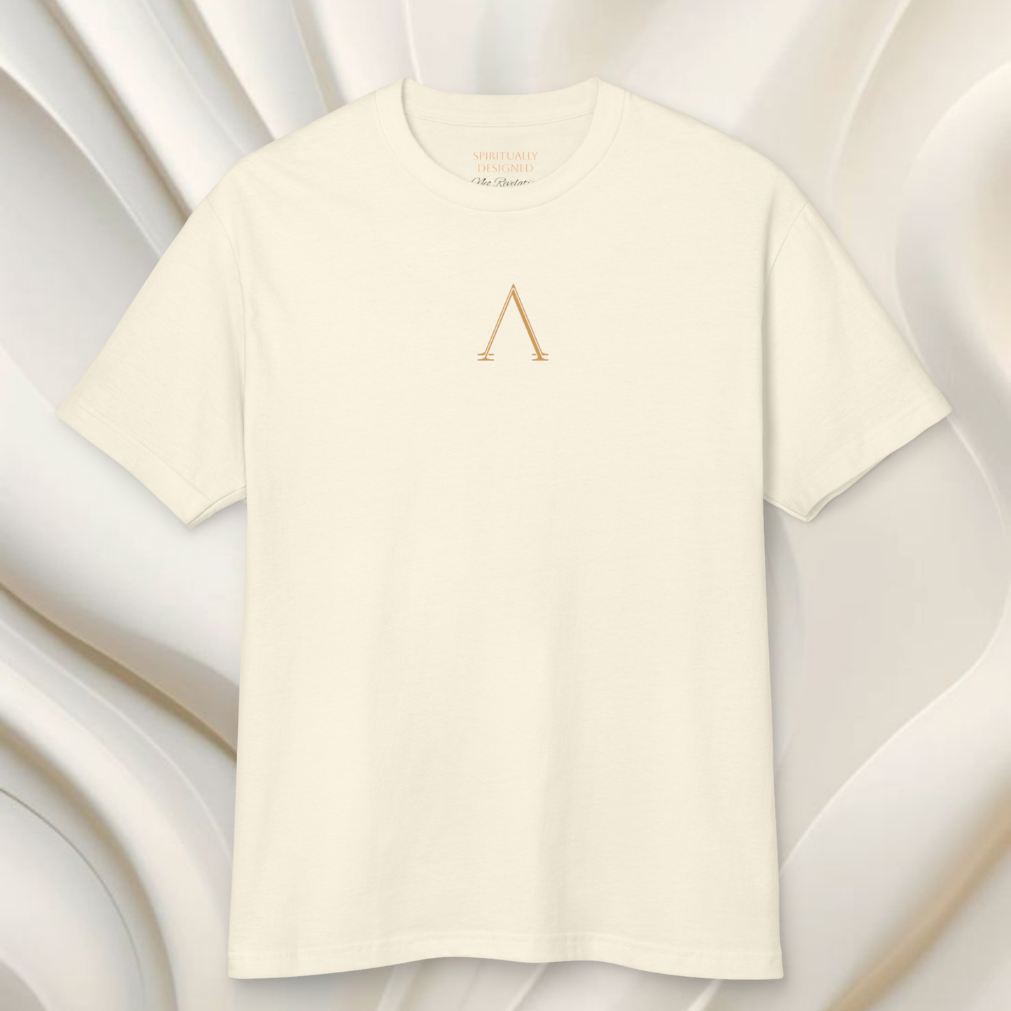 white cotton t-shirt with a minimalist symbole of a A without the middle bar on a white ethereal shapes background, spiritual clothing energy infused high vibrational t-shirt