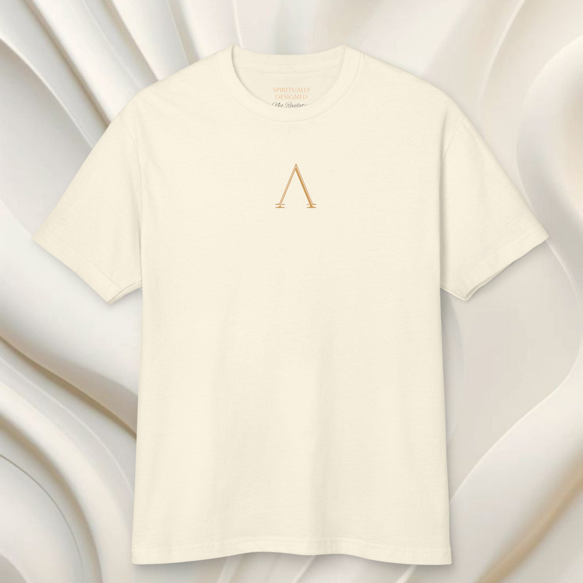 white cotton t-shirt with a minimalist symbole of a A without the middle bar on a white ethereal shapes background, spiritual clothing energy infused high vibrational t-shirt