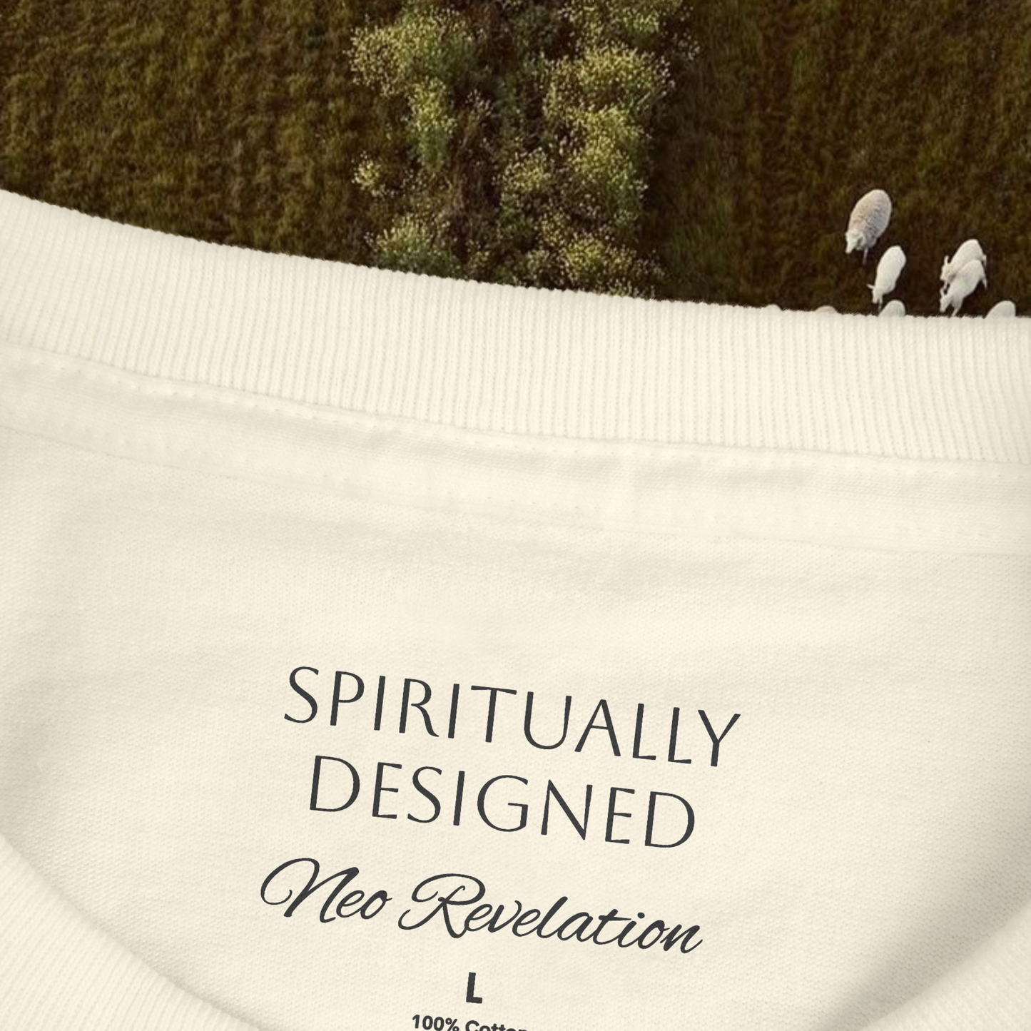 zoom view on the necklabel of a white cotton t-shirt unisex written 'spiritually designed' and 'neo revelation' in black  on a nature green background with sheeps