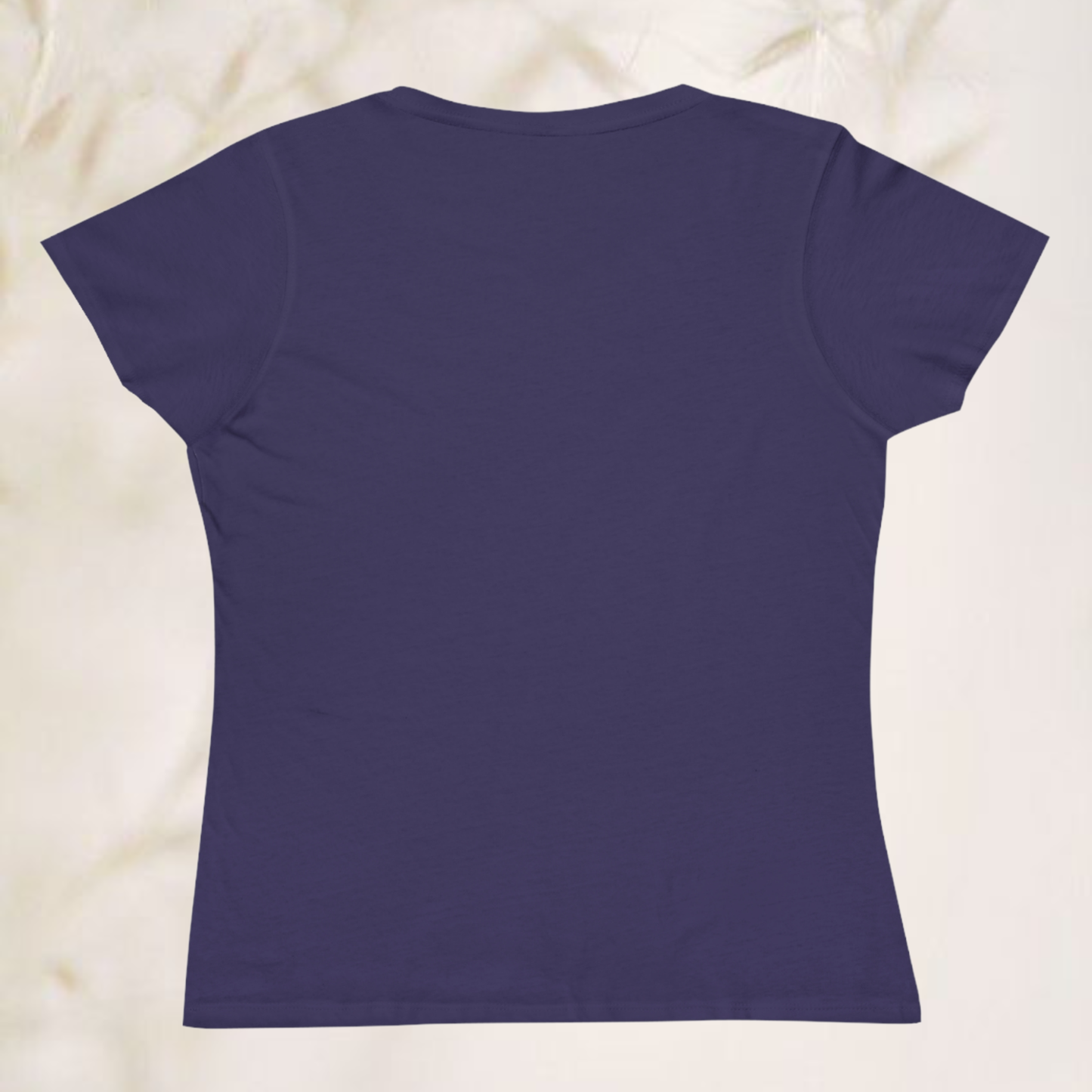 back view of a tee for women organic cotton textile purple dark color on a beige background