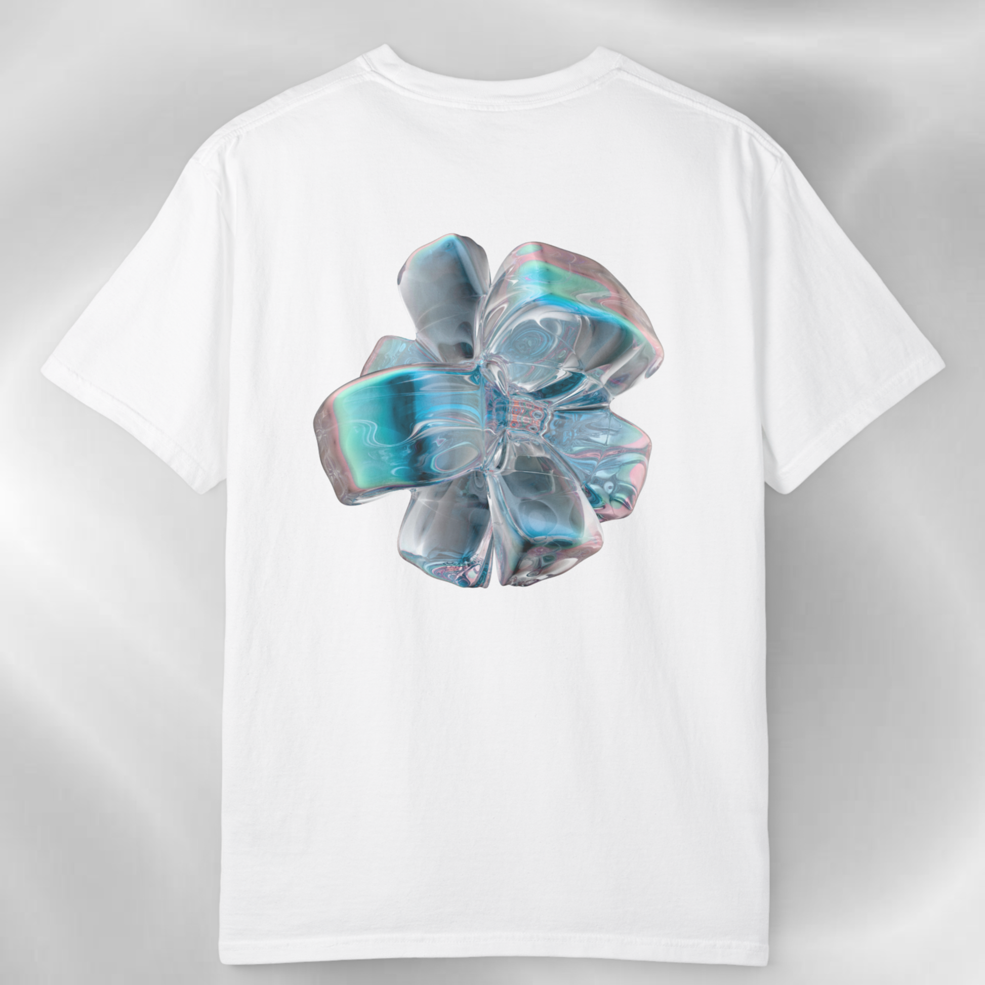 white t-shirt printed with an abstract ice lookalike graphic, on a grey white background spiritually designed clothing line innovative spiritual concept to integrate spiritual practice into fashion