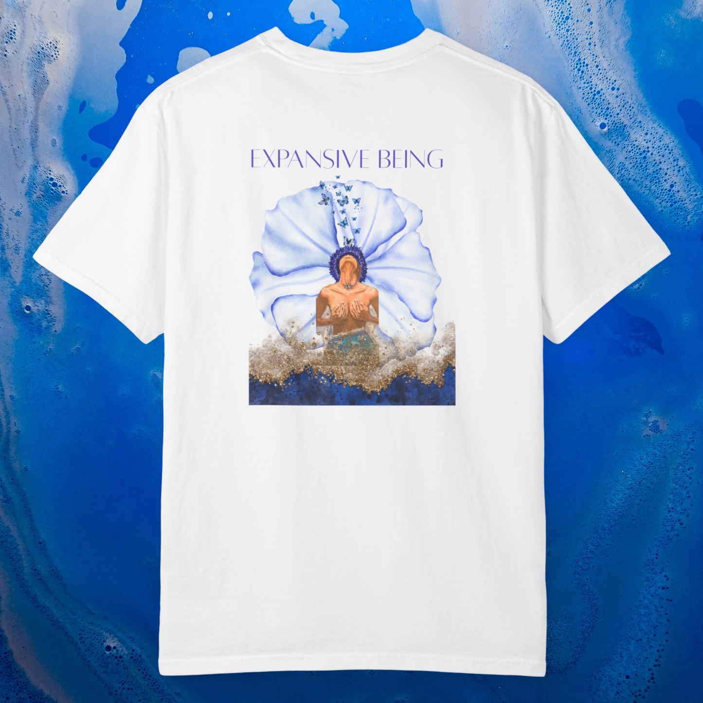 White t shirt with minimalist flower blue design on it and butterflies on a water soap background 100% cotton tee on water blue background ethereal vibes high vibrational clothing fashion