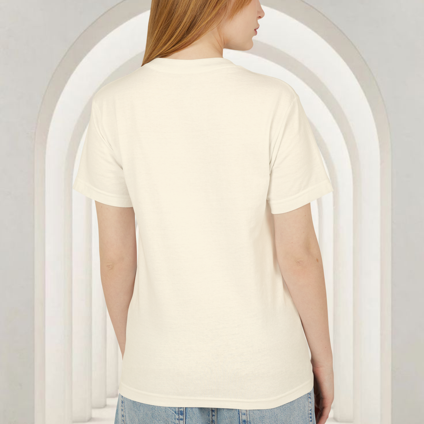 model female red head standing back view american apparel brand shirt faded cream for neo revelation