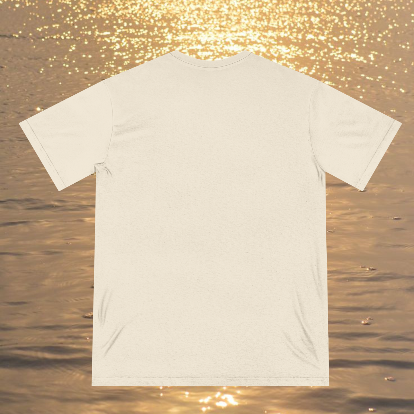 infused energy spiritual esoteric t-shirt for heart chakra, white cotton tee presented on a ocean sunset background 