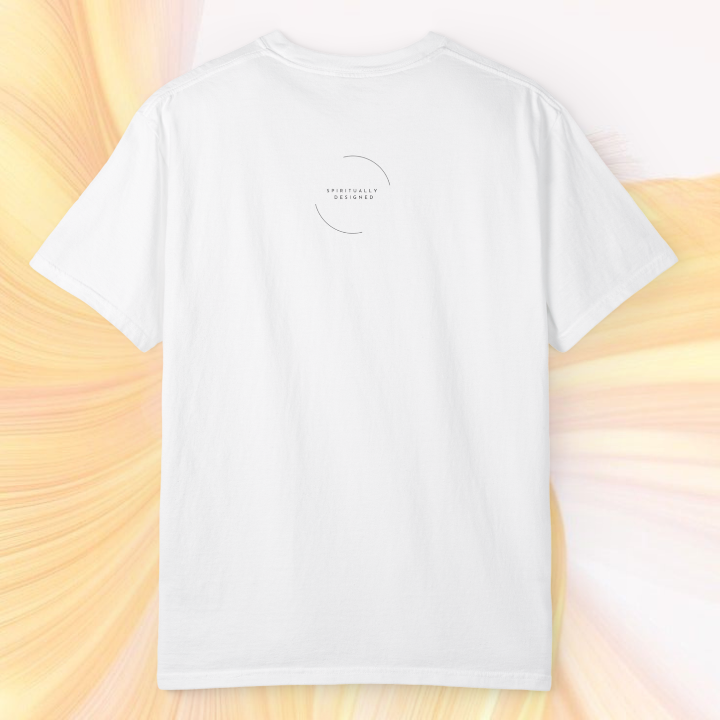 white cotton t-shirt spiritually designed clothing presented on a yellow white soft ethereal background premium quality tee unisex style high vibrational clothing line 