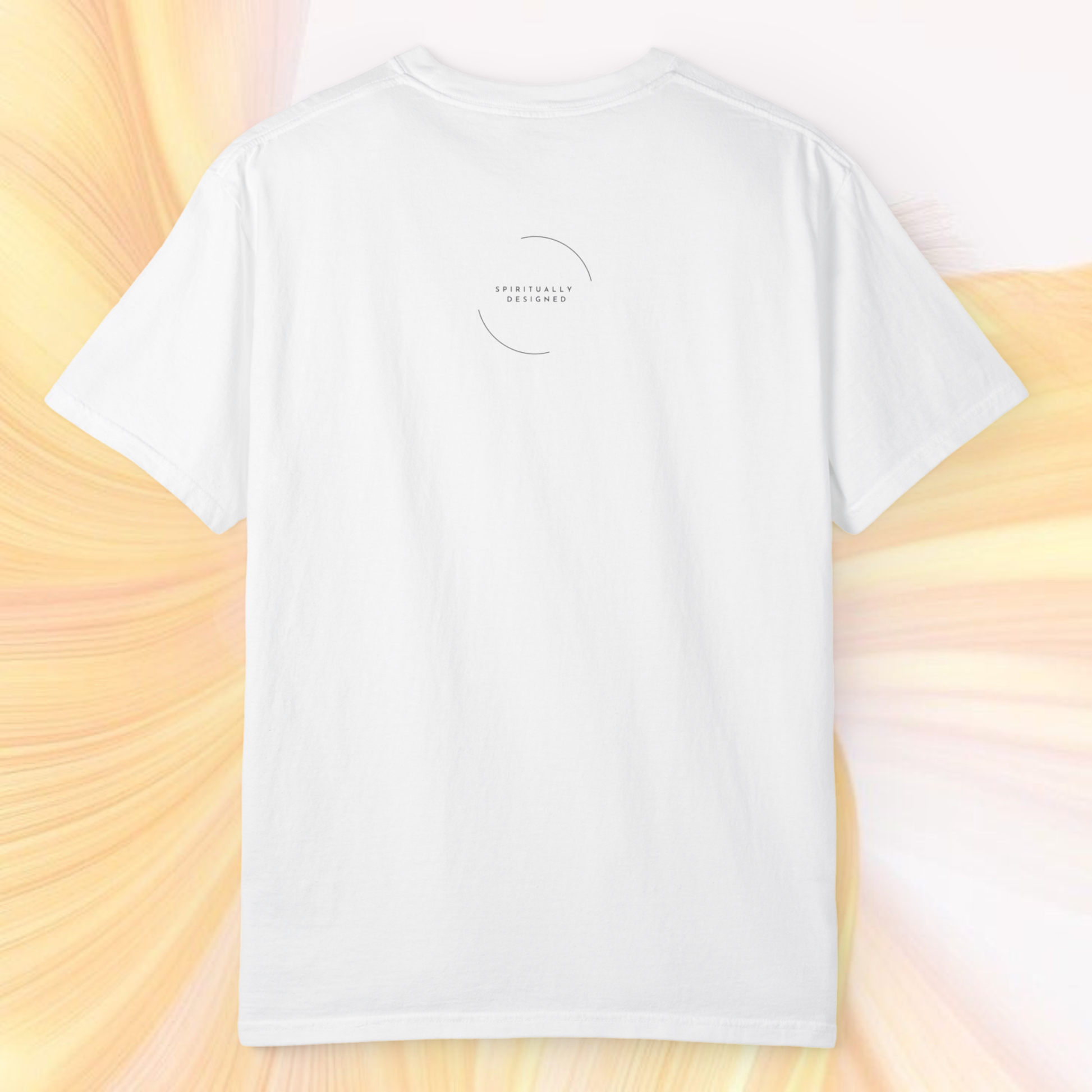 white cotton t-shirt spiritually designed clothing presented on a yellow white soft ethereal background premium quality tee unisex style high vibrational clothing line 