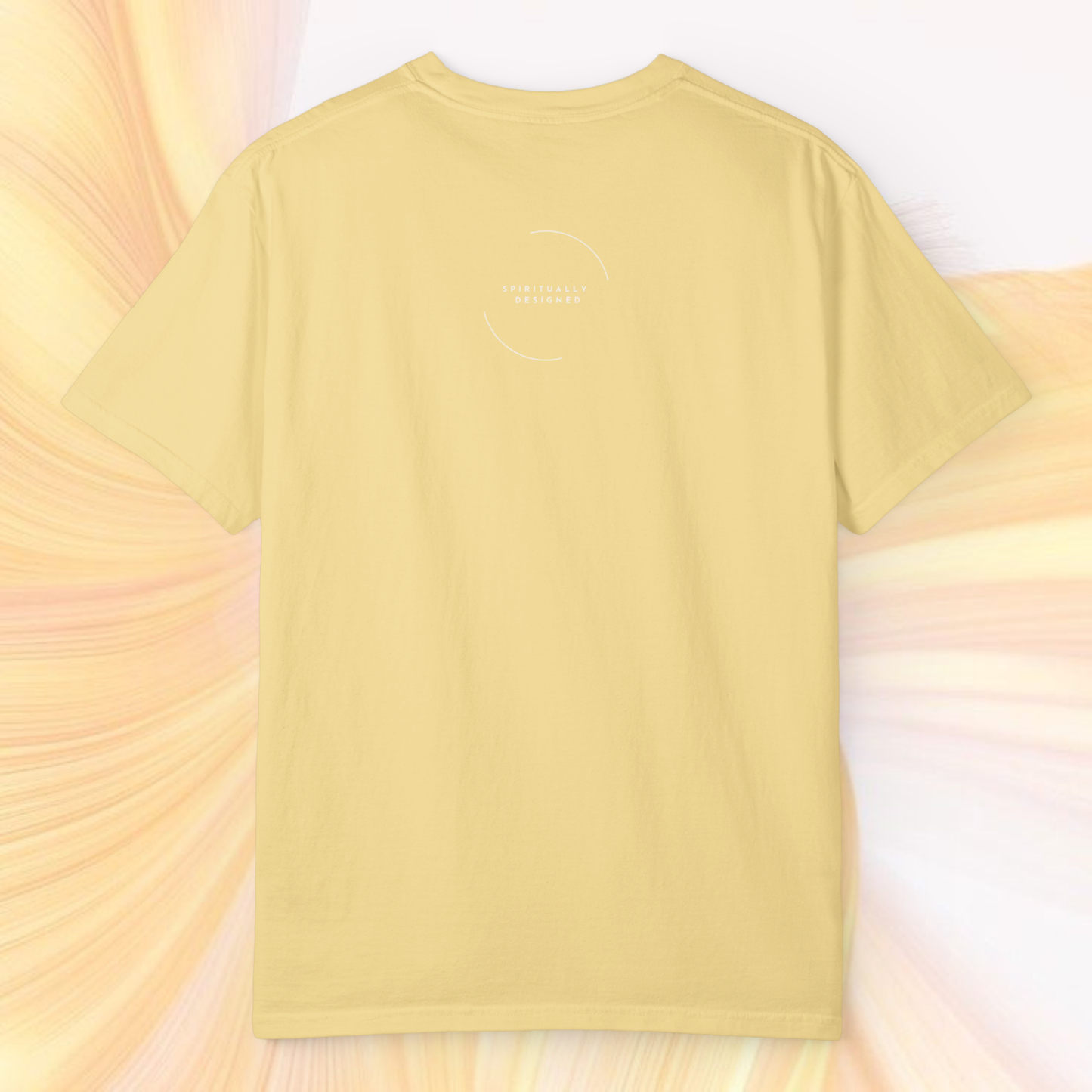 yellow soft light t-shirt 100% cotton back view with the graphic saying "spiritually designed" in white discret small design minimalist style sobre spiritual fashion